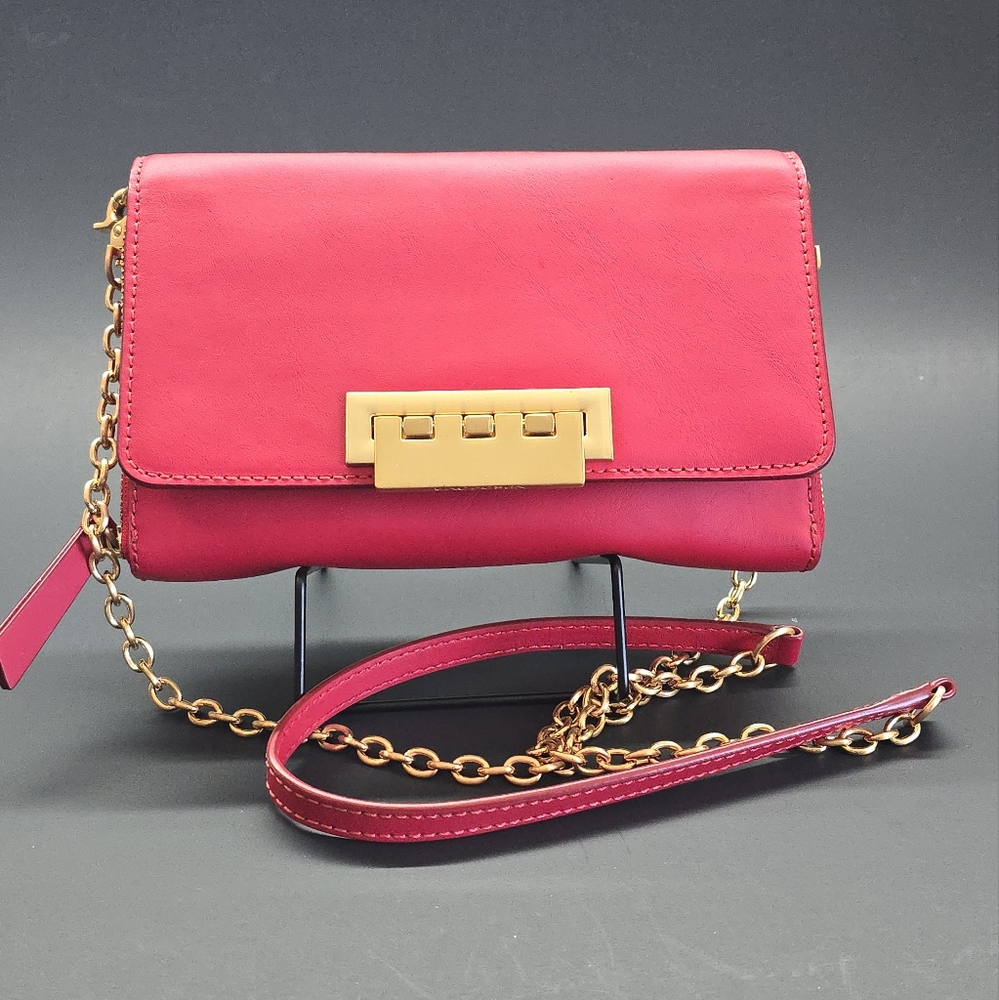 $295 ZAC Posen Women Red Leather Crossbody Chain Handbag Clutch Purse Wallet Bag